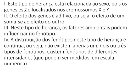 Quadro com quatro afirmações numeradas sobre herança multifatorial, reproduzidas integralmente no enunciado.