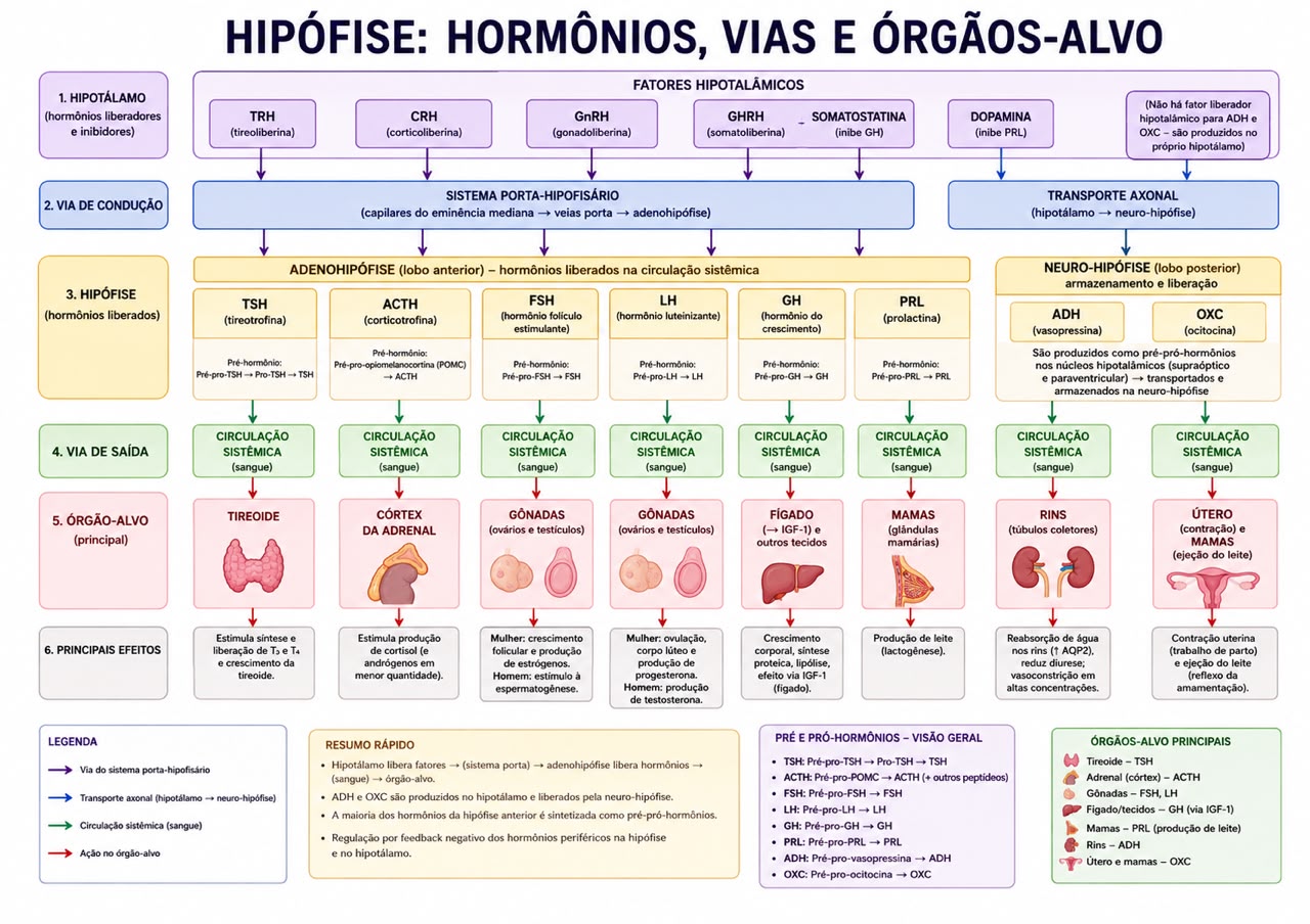 Mapa mental dos hormônios hipofisários, vias de sinalização e órgãos-alvo